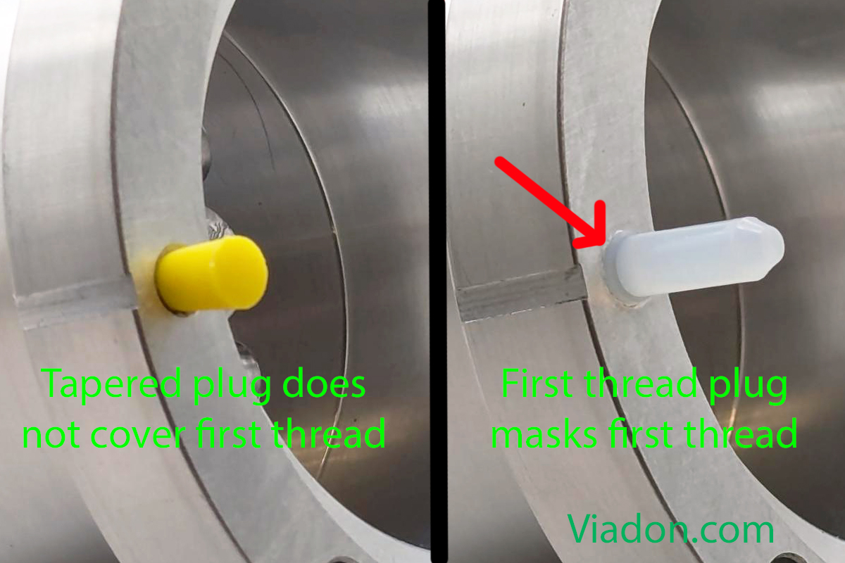 A comparison of a tapered masking plug to a lead-in/first thread plug for powder coating or painting